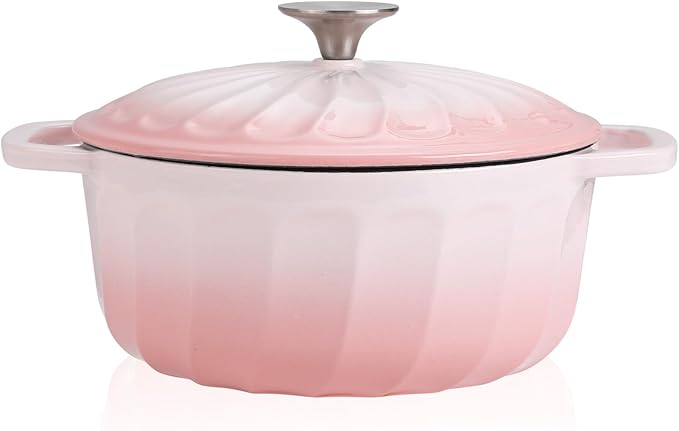 Enameled Cast Iron Dutch Oven Pot with Lid, 3 QT Dutch Oven for Bread Baking, Heavy Duty Cast Iron Pot for Braising, Cook, Bake, Oven Safe across All Cooktops (Gradient Pink,3 QT)