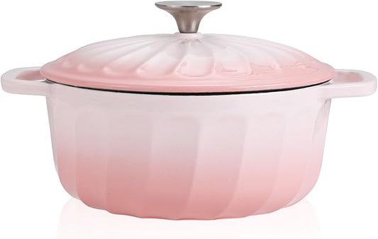Enameled Cast Iron Dutch Oven Pot with Lid, 3 QT Dutch Oven for Bread Baking, Heavy Duty Cast Iron Pot for Braising, Cook, Bake, Oven Safe across All Cooktops (Gradient Pink,3 QT)