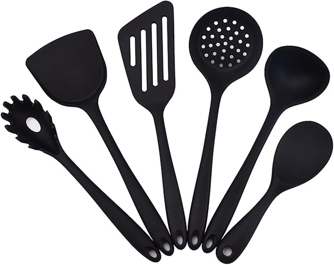 6 Pcs Silicone Kitchen Utensils Set, Silicone Cooking Utensils, Heat Resistant Kitchen Cooking Utensils Set,High Heat Resistant to 480°F, Hygienic One Piece Design, (Black)