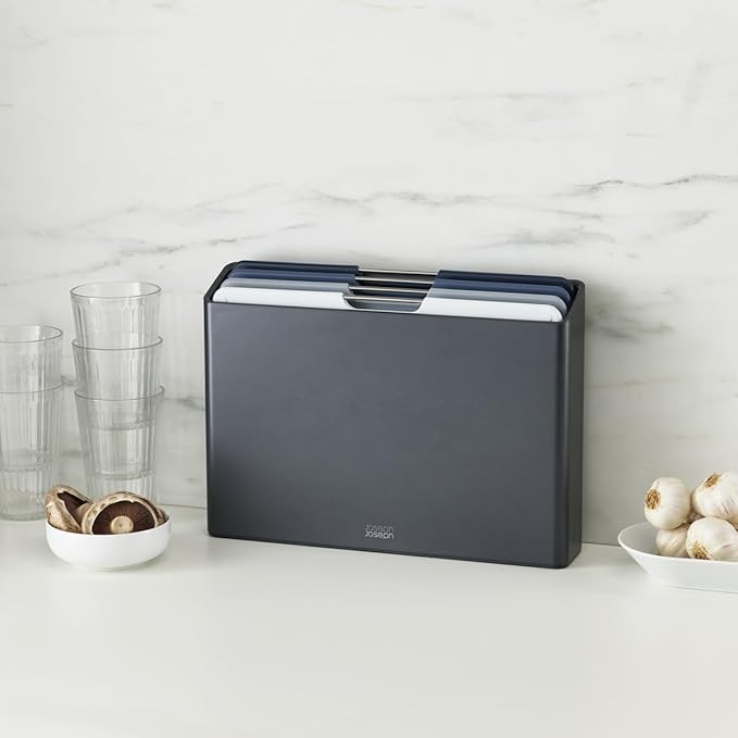Joseph Joseph Folio 4-Piece Colour coded Cutting Board Set, Slimline case for organized Kitchen storage, Sage Green