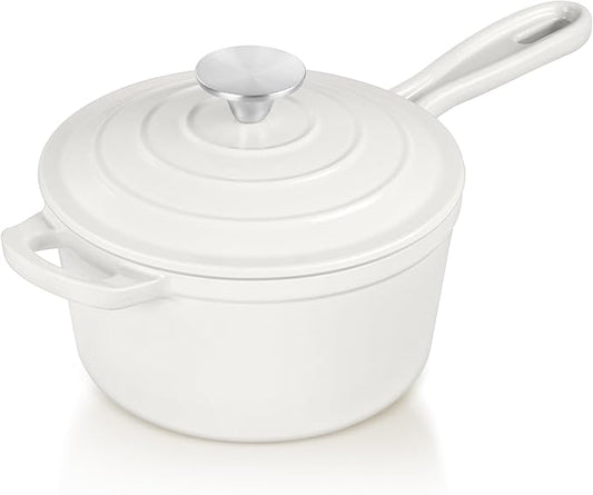 TeamFar Enameled Cast Iron Sauce Pan, 2QT Small Sauce Pot with Lid, Mini Dutch Oven Saucepan for Cooking/Boiling/Simmering/Baking, Sturdy & Nonstick, Oven Safe & Fit for Induction- White