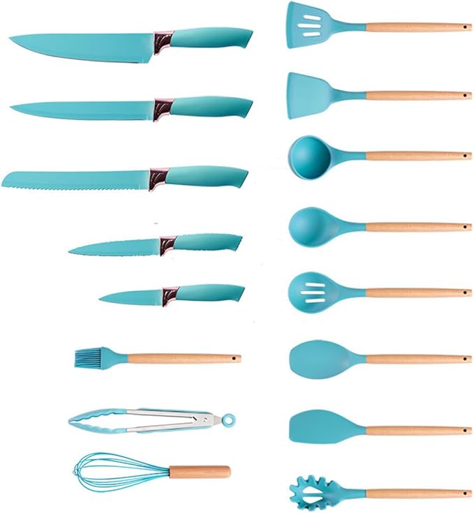 19 Pieces Kitchen Utensils and Knife Set with Block, Inldued 9 Pieces Silicone Cooking Utensils Set 5 Pieces Sharp Stainless Steel Chef Knives Scissors Whisk Tongs and Cutting Board (TEAL)