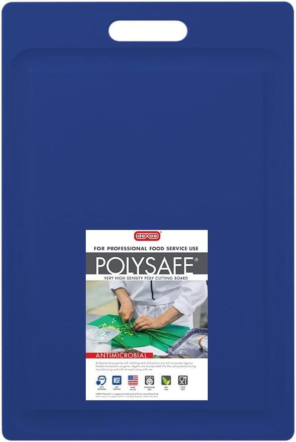 Dexas NSF Certified Polysafe Cutting Board with Handle and Juice Well, 12 x 18 inches, Reversible Kitchen Cutting Board, Blue