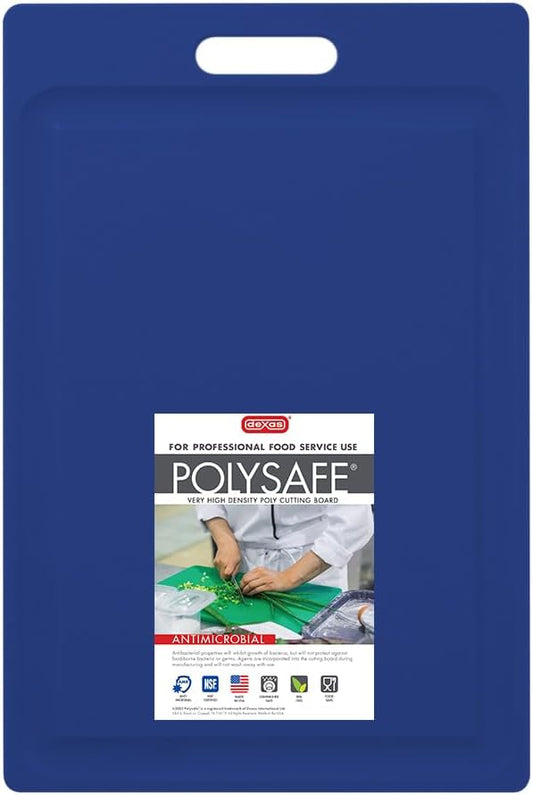 Dexas NSF Certified Polysafe Cutting Board with Handle and Juice Well, 12 x 18 inches, Reversible Kitchen Cutting Board, Blue