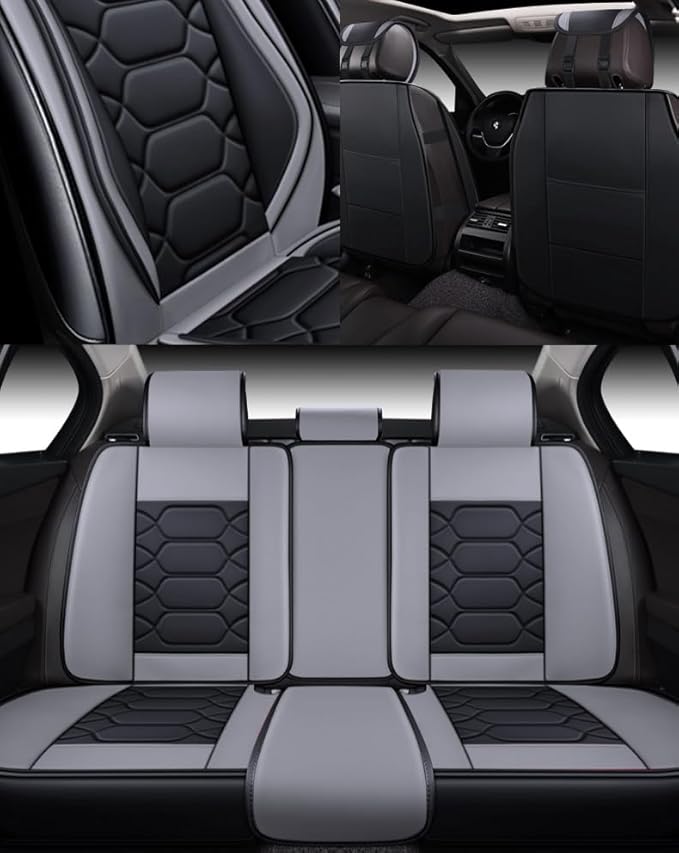 OASIS AUTO Car Seat Covers Full Set, Sporty Faux Leather with Honeycomb Pattern, Waterproof Universal Fit for SUV, Sedan, Pick-up Truck, Automotive Interior Accessories (OS-004 Black&Gray)