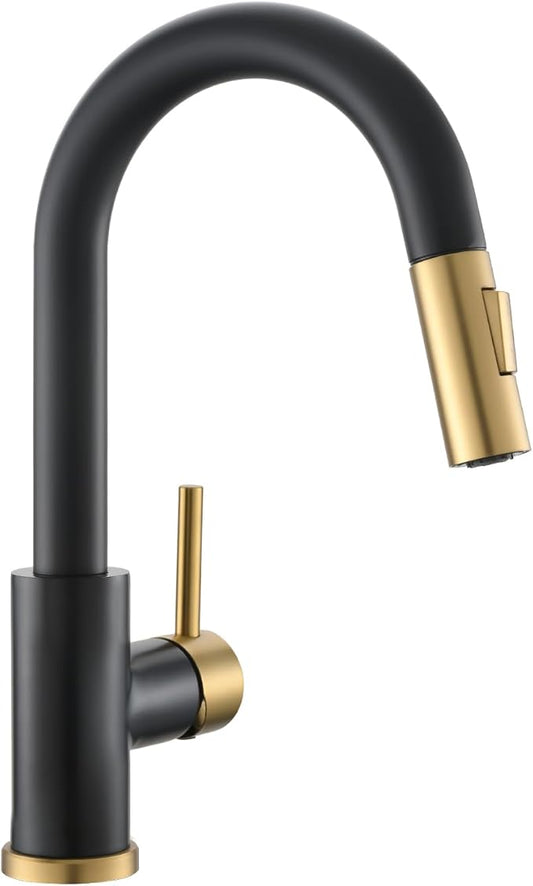 Modern Bar Sink Faucet for Kitchen Sink Single Handle with Pull Out Sprayer Hot and Cold Prep Sink Faucet Black and Gold