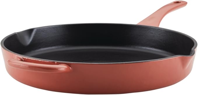 Ayesha Curry Kitchenware Enameled Cast Iron Skillet/Frying Pan with Helper Handle and Pour Spouts, 12 Inch - Redwood Red
