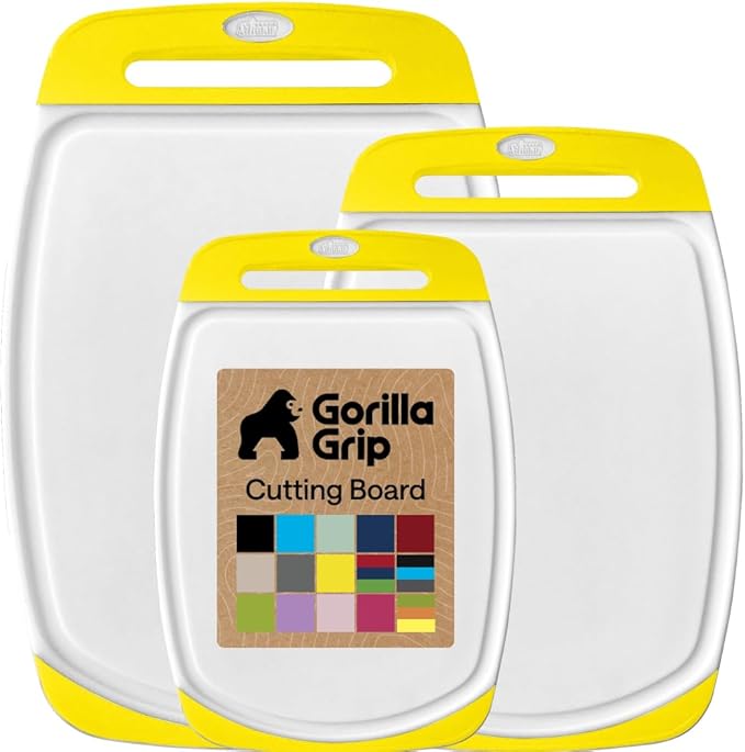 GORILLA GRIP BPA-Free Reversible Kitchen Cutting Board Set of 3, US Designed, Nonporous, Juice Grooves Catch Liquid, Slip Resistant Border, Dishwasher Safe, Durable Large Food Chopping Boards, Yellow