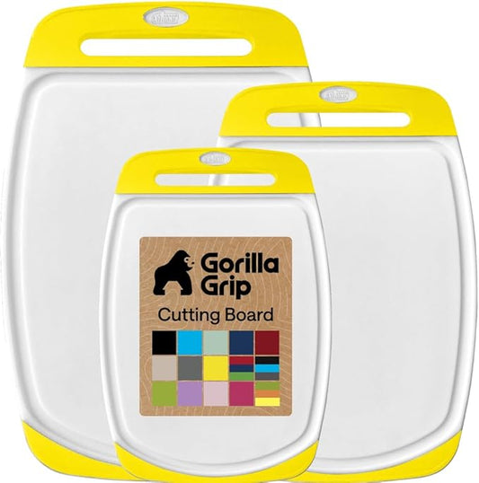 GORILLA GRIP BPA-Free Reversible Kitchen Cutting Board Set of 3, US Designed, Nonporous, Juice Grooves Catch Liquid, Slip Resistant Border, Dishwasher Safe, Durable Large Food Chopping Boards, Yellow