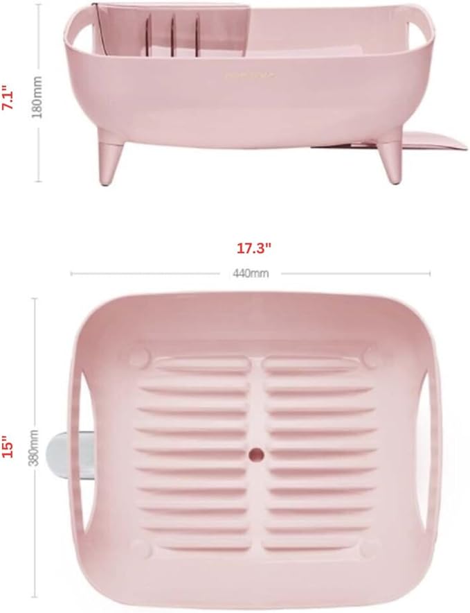 Wide Volume Dish Drying Rack, Large Capacity Kitchen Coutertop Organizer, 360° Rotatable Water Drain, Removable Utensil Holder, Sleek Design, Made in Korea (Pink)