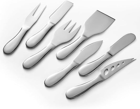 Cheese Knives Set Stainless Steel Silver 7 Pieces Kitchen Utensils Include Cheese Knife, Cheese Spreader, Cheese Forks, Cheese Slicer, Cheese Cutter, Butter Knives Server