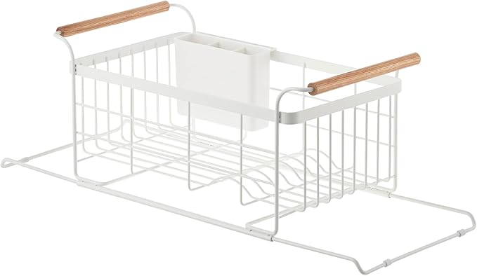 YAMAZAKI Home Tosca Over-The-Sink Dish Rack, Expandable, Plate Drying Organizer, with Cutlery Holder - Steel + Wood -
