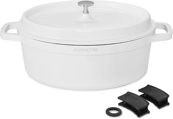 ROSSETTO 5.5QT Oval Dutch Oven Pot with Lid, Ceramic Dutch Oven with Silicone Assist Handle Holder, Dishwasher Safe, Oven Safe up to 450° F, Non-Stick & Non-Toxic Bread Dutch Oven with Lid for Baking,Brasing, Soups, Red