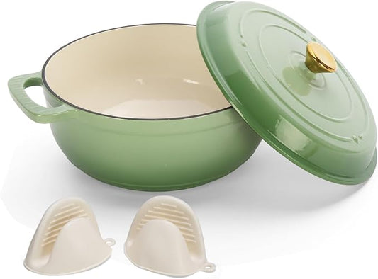 Bonnlo Round Dutch Oven, Enameled Cast Iron Dutch Oven Pot with Lid & Dual Handles, Oven Safe Up to 500° F, for Sourdough, Bread Baking, Stews and Roasting (Green, 5 Quart)