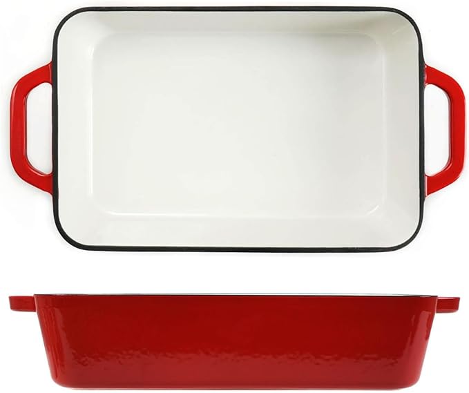 3.7 Qt Enameled Cast Iron Rectangular Roaster, Casserole Dish, Lasagna Pan, Deep Roasting Pan, for Cooking and Baking - Red