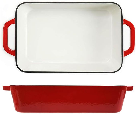 3.7 Qt Enameled Cast Iron Rectangular Roaster, Casserole Dish, Lasagna Pan, Deep Roasting Pan, for Cooking and Baking - Red
