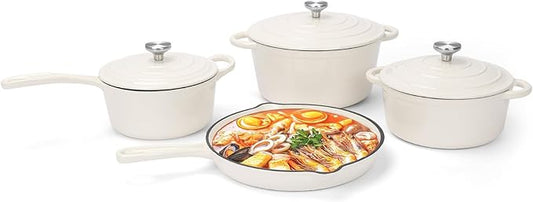 QuliMetal Nonstick Enameled Cast Iron Cookware Set, 7-Pcs Pots and Pans with Lid, Frying Pan Skillet, Sauce Pan, Healthy Round Dutch Oven Pot for Sourdough Bread Baking on All Stovetop, Cream White