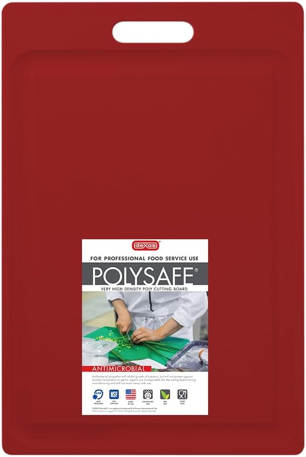 Dexas NSF Certified Polysafe Cutting Board with Handle and Juice Well, 12 x 18 inches, Reversible Kitchen Cutting Board, Red