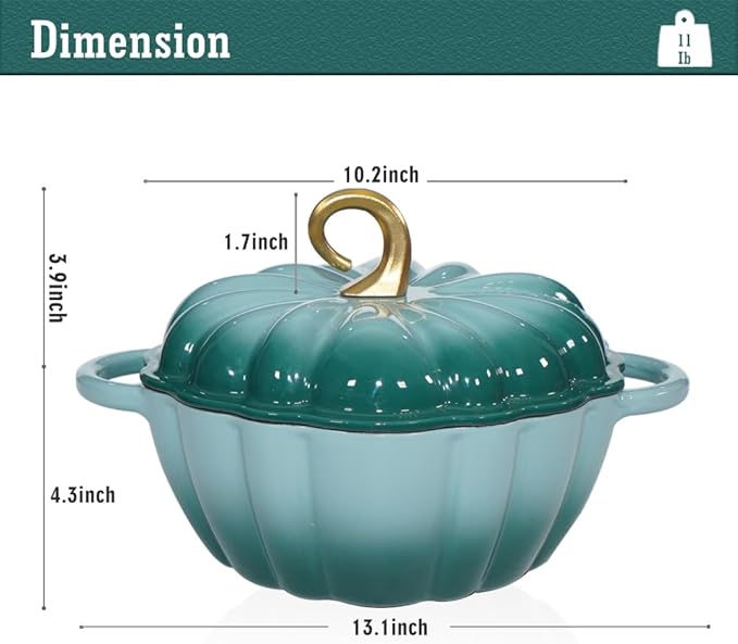 Pumpkin Enameled Cast Iron Dutch Oven with Lid, 4.5 QT Dual Handles and Heavy Duty Pot, Oven Safe up to 500°F for Bread Baking, Braising, Cooking and Family Gifts, Cyan