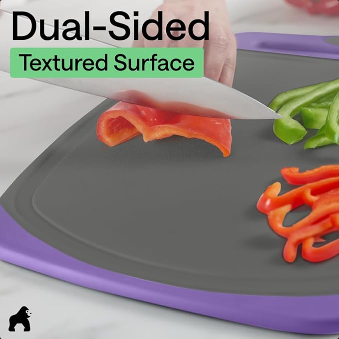 GORILLA GRIP BPA-Free Reversible Kitchen Cutting Board Set of 3, US Designed, Nonporous, Juice Grooves Catch Liquid, Slip Resistant Border, Dishwasher Safe, Durable Food Chopping Boards, Gray Purple