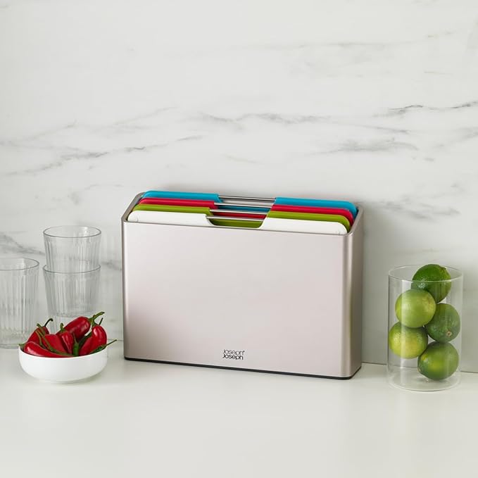 Joseph Joseph Folio 4-Piece Colour coded Cutting Board Set, Slimline case for organized Kitchen storage, Sage Green