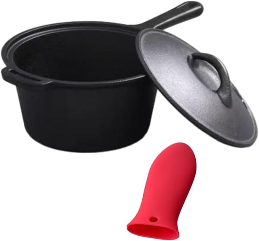 2 Quart Cast Iron Sauce Pan with Lid, Handle and Handlesleeve Small Cast Iron Pot Kitchen Cookware for All Cooktops Making Pasta Sauce, Soup, Milk