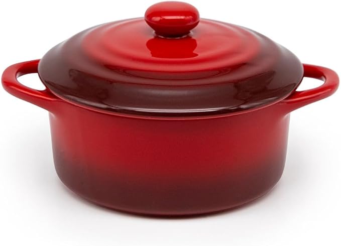 Kook Ceramic Mini Cocotte Set, Small Casserole Dishes with Lids and Handles, Individual Baking Ramekins, Oven safe 500F, Microwave & Dishwasher Safe, Stoneware, 12 oz, Set of 4, (Crimson Ombre)