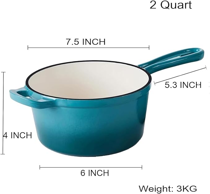 Enameled Saucepan with Lid, Non Stick Cast Iron Sauce Pan, Dutch Oven Pot (Peacock Blue, 2 Quarts)