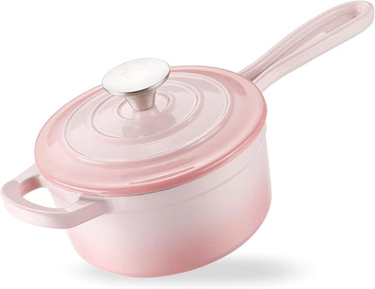 Enameled Cast Iron Sauce Pan, 1 Quart Enameled Saucepan with Lid, Mini Dutch Oven Enamel Saucepan for Cooking Pasta Sauce, Gravy, Puddings, Marinate, Boiling (Gradient Pink)