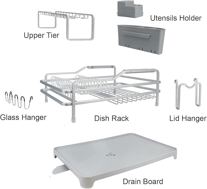 Evelyne GMT-10353-B Aluminum Dish Drying Rack with Utensil Holder - 2 Tier Kitchen Countertop Rust Proof Dish Rack Lid Hanger and Drainboard Set - Large Dish Organizer Rack