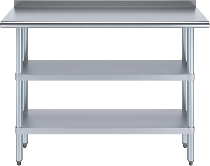 AmGood Stainless Steel Work Table with 1.5" Backsplash and 2 Shelves | Metal Kitchen Food Prep Table | NSF (48" Long x 14" Deep)
