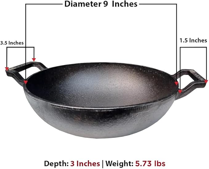 Cast Iron Deep Kadai Wok with Dual Handles, Heavy-Duty Cooking Pot for Deep Frying, Stir-Frying, Curries – Gas, Grill & Open Flame Compatible, 9 Inch