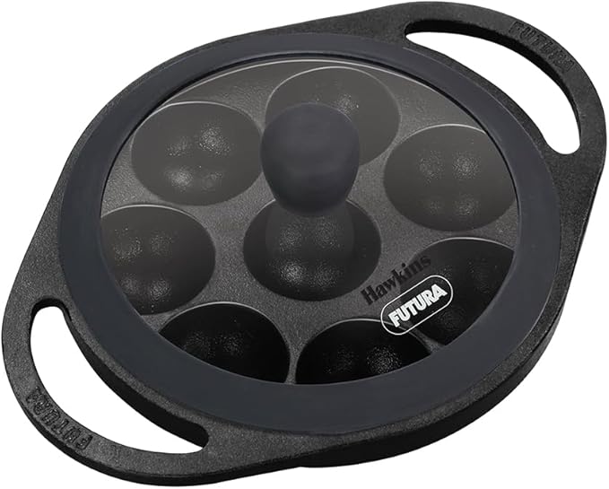 Hawkins Futura 16 cm Cast Iron Appe Pan, Non Stick Paniyaram Pan with Glass Lid, 8 Cups Paniyarakkal Pan, Litti Pan, Kuzhi Paniyaram Pan, Ponganalu Pan, Black (CIAP16G)