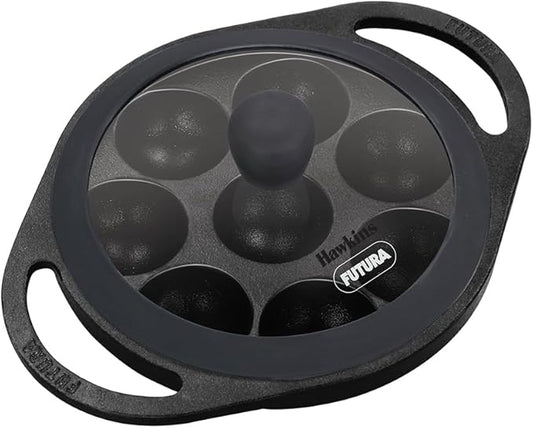 Hawkins Futura 16 cm Cast Iron Appe Pan, Non Stick Paniyaram Pan with Glass Lid, 8 Cups Paniyarakkal Pan, Litti Pan, Kuzhi Paniyaram Pan, Ponganalu Pan, Black (CIAP16G)