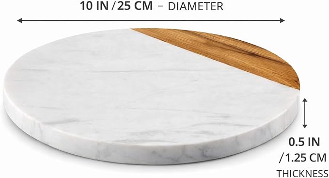 White Marble Board - Cheese Board | Acacia Wooden Serving Tray For Charcuterie, Cheese, Meats, Fruit, Crackers | Cutting Board, Serving Tray, Round Slab 10 Inches.