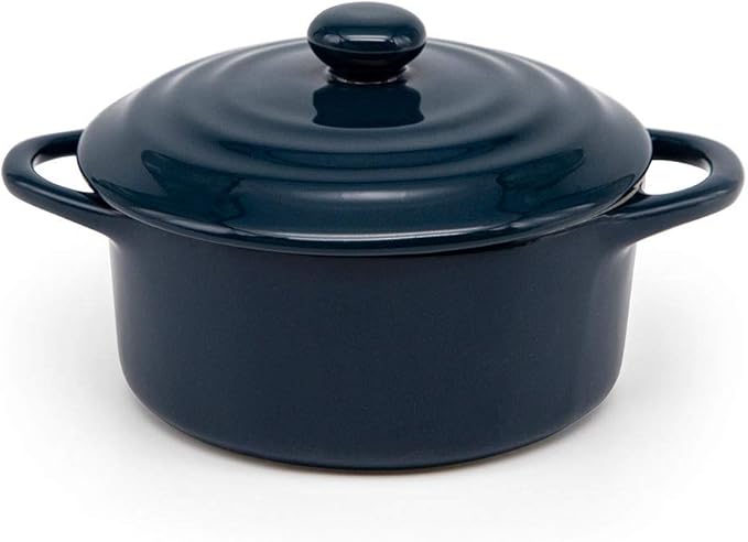 Kook Ceramic Mini Cocotte Set, Small Casserole Dishes with Lids and Handles, Individual Baking Ramekins, Oven safe 500F, Microwave & Dishwasher Safe, Stoneware, 12 oz, Set of 4, (Navy)