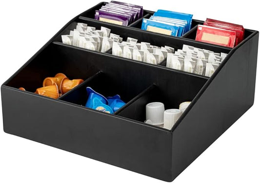 Restaurantware-11.75 x 5.5 Inch Coffee Condiment Organizer, 1 Square Creamer Organizer - 9 Compartments, Break-Resistant, Black Bamboo Coffee Accessory Caddy, Won't Chip, For Sugar Packets & Creamers