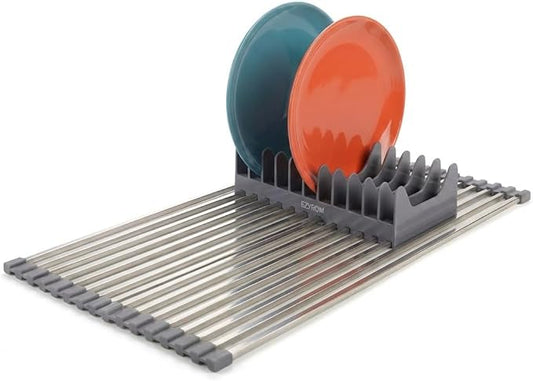 Aluminum Roll Up Dish Drying Rack Over Sink - Supports up to 55 lbs | Heavy Duty Square Bar | Rust-Free Anodized & Heat Resistant Cooling Rack with Dish Holder (Purple Gray, Large)