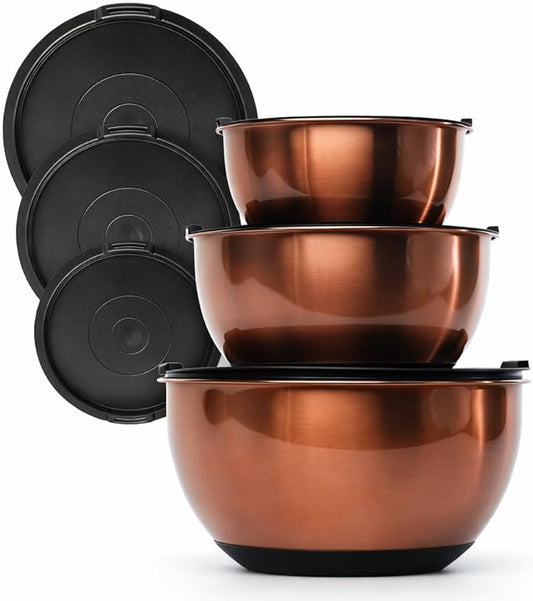 Samma Copper Mixing Bowls Set with Lids - Stainless Steel Interior, Non-Slip Black Silicone Base - Nesting Mixing Bowls for Baking, Cooking & Meal Prep (3-Piece Set)