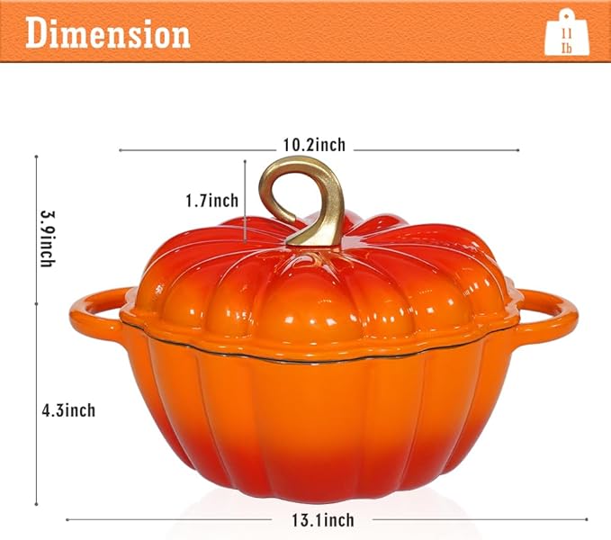 Pumpkin Enameled Cast Iron Dutch Oven with Lid, 4.5 QT Heavy Duty and Dual Handles Pot, Serves 3-5 and Oven Safe for Bread Baking, Braising, Cooking Soup and Family Gifts, Orange