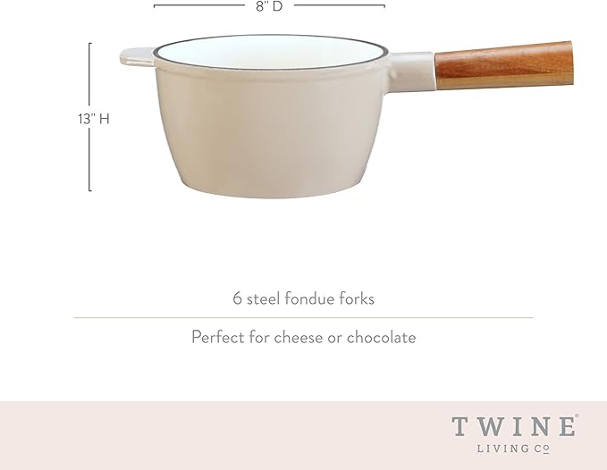 Twine Farmhouse Kitchen Enamel Cast Iron Set Cheese Melting Fondue Pot Metal Stainless Steel Forks and Wood Stand, Beige Set of 1