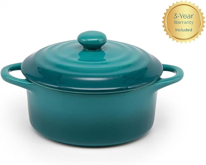 Kook Ceramic Mini Cocotte Set, Small Casserole Dishes with Lids and Handles, Individual Baking Ramekins, Oven safe 500F, Microwave & Dishwasher Safe, Stoneware, 12 oz, Set of 4, (Aqua Ombre)