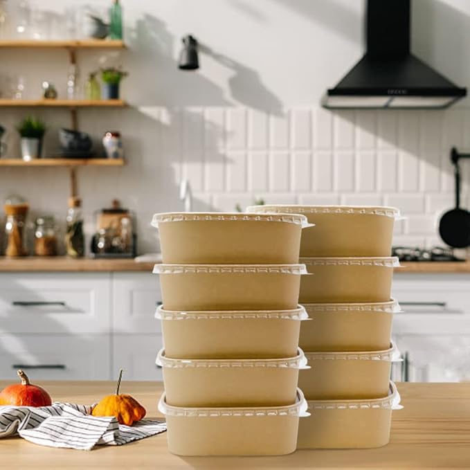 25 oz Disposable Bowls, 50 Sets Large Kraft Square Paper Bowls, Disposable Meal Prep Food Container with Sealing Lid, Microwave Safe Leakproof Serving Bowls, Perfect for Party Lunch Hot Soup