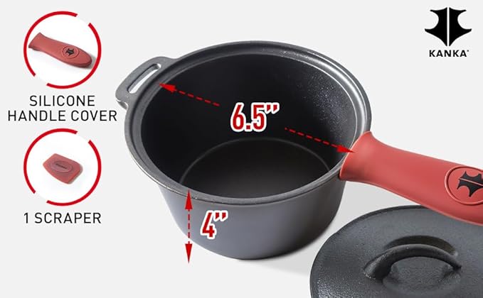 Kanka Grill 14" Cast Iron Sauce Pan with Lid – Pre-Seasoned Deep Cooking Pot for Indoor & Outdoor Grill, Stir Fry, Broth, Frying Nonstick Gourmet Cookware with Silicone Handle & Scraper – Black