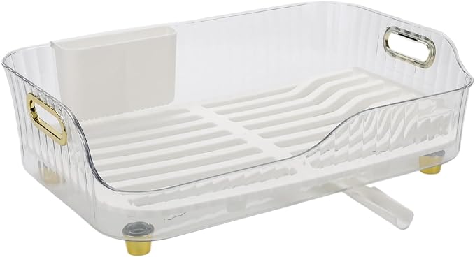Dish Drying Rack, Plastic Dish Rack, Large Capacity Dish Drainer Rack, Space Saving Plate Drying Rack, Clear Kitchen Draining Rack for Chopsticks Bowl Plate Spoon (White)