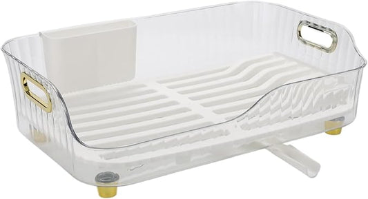 Dish Drying Rack, Plastic Dish Rack, Large Capacity Dish Drainer Rack, Space Saving Plate Drying Rack, Clear Kitchen Draining Rack for Chopsticks Bowl Plate Spoon (White)