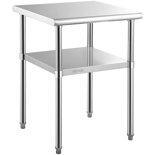 VEVOR Stainless Steel Prep Table, 24 x 24 x 33.5 Inch, 600lbs Load Capacity Heavy Duty Metal Worktable with Adjustable Undershelf & Universal Wheels, Commercial Workstation for Kitchen Garage Backyard
