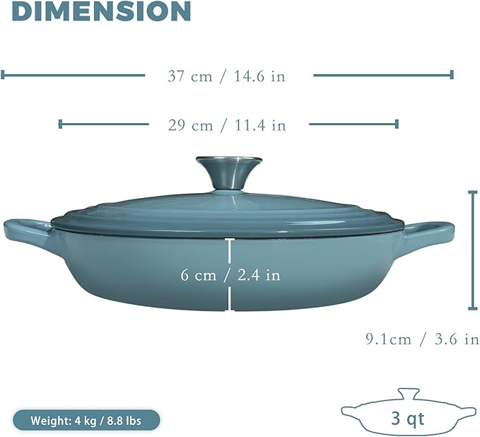 Braiser Enameled Cast Iron Braiser 3 qt Braiser Pan with Lid Slateblue Shallow Cast Iron Casserole Braiser Pan with Handels