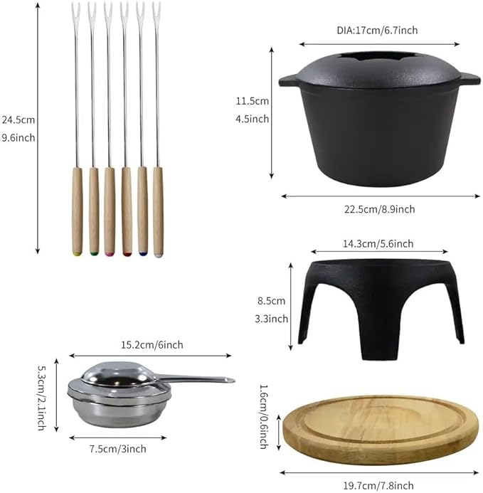 Traditional Fondue Set Matte black enameled cast iron fondue for Taditional swiss fondue 12 pcs fondue pot. for Meat, Chocolate & Cheese, Cast Iron Chocolate Fondue Pot 6 Pers Iron cast iron pot