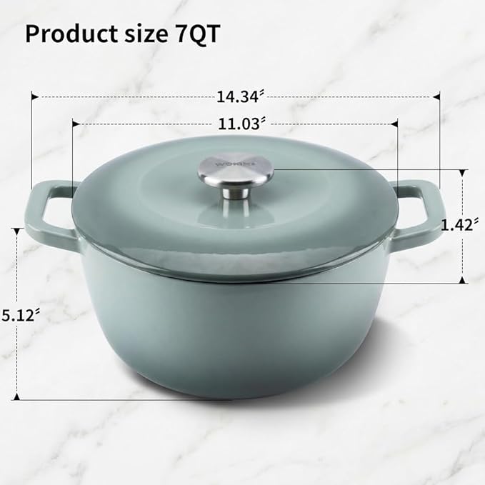 7QT Enamel Cast Iron Dutch Oven with Lid,Dual Handles,Versatile Heavy-Duty Non-toxic Cookware for Sourdough Bread Baking,Braising,Stews,Roasting,Oven Safe up to 500°F green